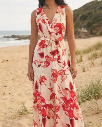 VESTITO LUNGO CON CINTURA E STAMPA FLOREALE